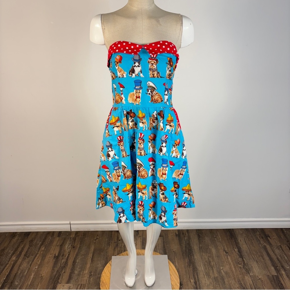 ❤️ Retrolicious Pin-Up Dress Dogs Wearing Hats Polka Strapless Blue Red Slim L